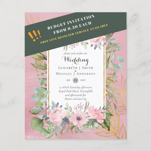 Betaalbare Roze Blush Roze Bloemige Trouwbudget Flyer (Voorkant)