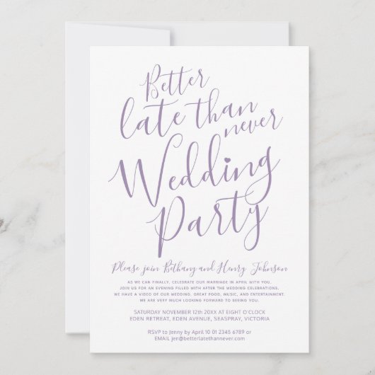 Beter laat dan nooit bruiloftsfeest gedempte paars kaart (Voorkant)
