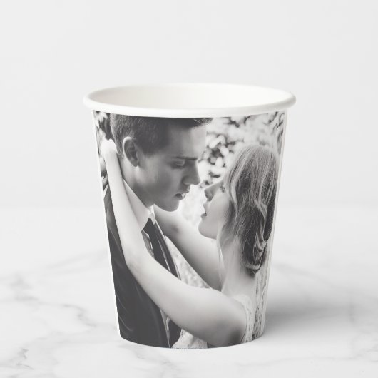 Beter laat dan nooit een huwelijksfeest mono foto papieren bekers (Achterkant)
