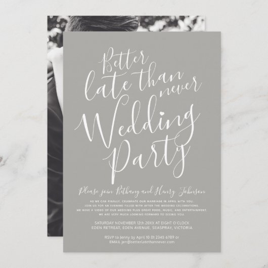 Beter laat dan nooit grijs bruiloft kaart (Voorkant / Achterkant)