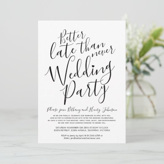 Beter laat dan nooit huwelijksfeest mono kaart (Staand voorkant)