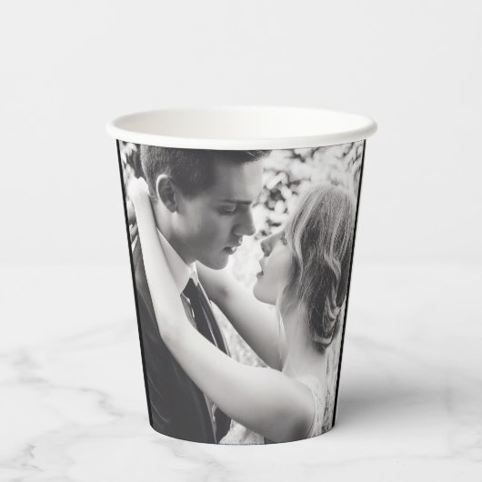 Beter laat dan nooit zwarte foto van een trouwpart papieren bekers (Achterkant)