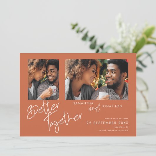 Beter samen 2 Foto Terracotta sparen de datum Save The Date (Staand voorkant)