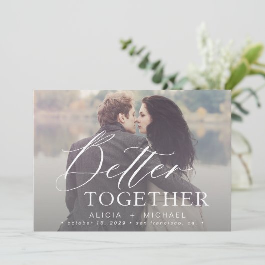 Beter samen de foto van de manuscriptbruiloft spar save the date (Staand voorkant)