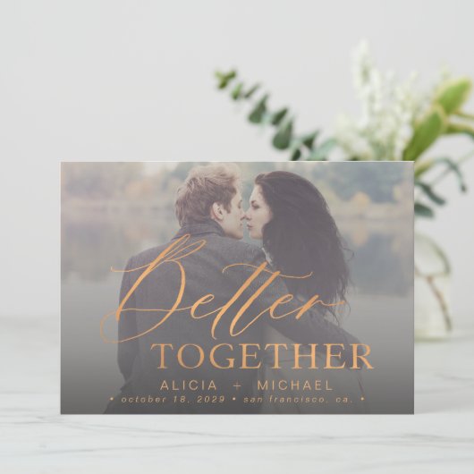 Beter samen roest sinaasappel script trouwfoto save the date (Staand voorkant)