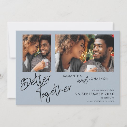 Beter samen twee blauwe foto's opslaan op datum save the date (Voorkant)