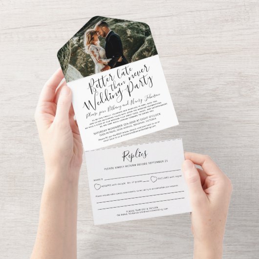 Betere late trouwpartij RSVP foto zwart wit All In One Uitnodiging (Afscheurbaar)