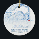 Bethany Beach DE Kaart Marine Trouwfoto Kerstmis Keramisch Ornament<br><div class="desc">Herdenk uw Bethany Beach, Delaware bruiloft met onze elegante marine blauwe kust Delaware kaart gepersonaliseerde kerst ornament. Met de trouwfoto van het paar op de achterkant, deze aandenken prachtig vangt de charme van uw speciale dag. Perfect voor het vieren van locaties zoals The Addy Zee, Zee Colony Resort, Beer Trap...</div>