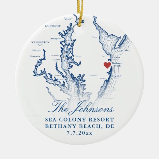 Bethany Beach DE Kaart Marine Trouwfoto Kerstmis Keramisch Ornament (Voorkant)