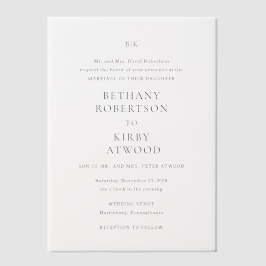 Bethany Traditionele Elegante Huwelijk Vellum Uitnodigingen (Voorkant)