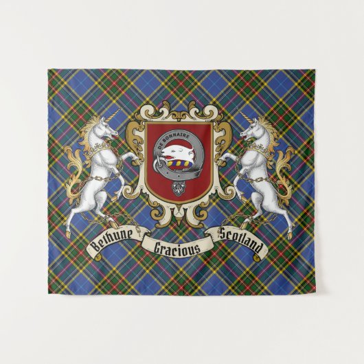 Bethune Clan Badge & Unicorns w & Tartan Wandkleed (Voorkant (horizontaal))