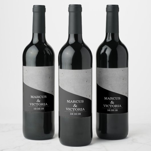 Beton Zwart-wit Moderne bruiloft Wijn Etiket (Flessen)