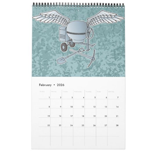 Betonmixer blauw-grijs kalender (Feb 2026)