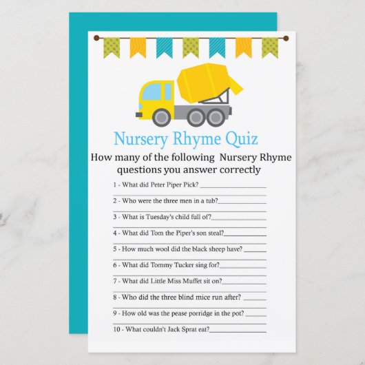Betonmixer Nursery Rhyme Quiz baby shower game (Voorkant / Achterkant)