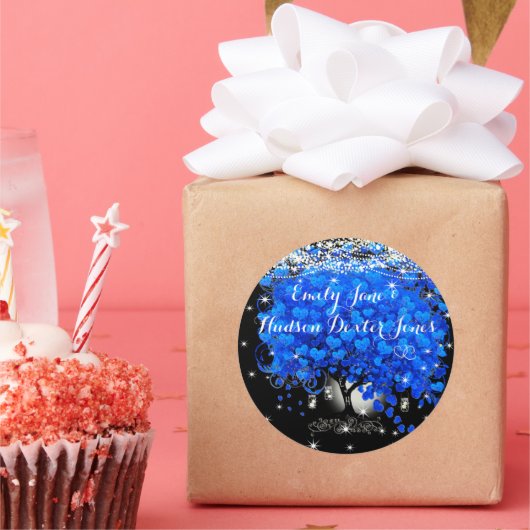 Betoverd Blauw Hartblad Boom Bruiloft Ronde Sticker (Feest)