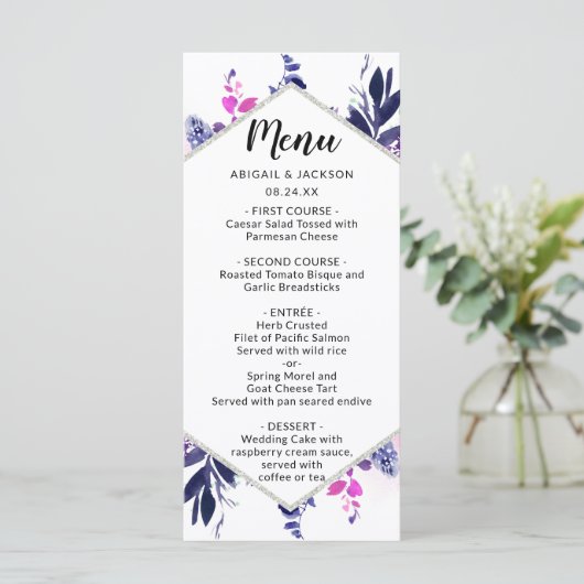 Betoverd Bloemen Paarse Bruiloft Receptie Diner Menu (Staand voorkant)