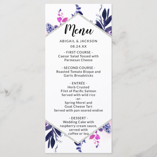 Betoverd Bloemen Paarse Bruiloft Receptie Diner Menu (Voorkant)