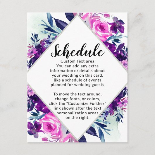 Betoverd Bloemenviolet Diamant trouwschema Informatiekaartje (Voorkant)