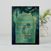 Betoverd Boho Boog Bruiloft Emerald Goud Folie Uitnodiging (Staand Voorkant)
