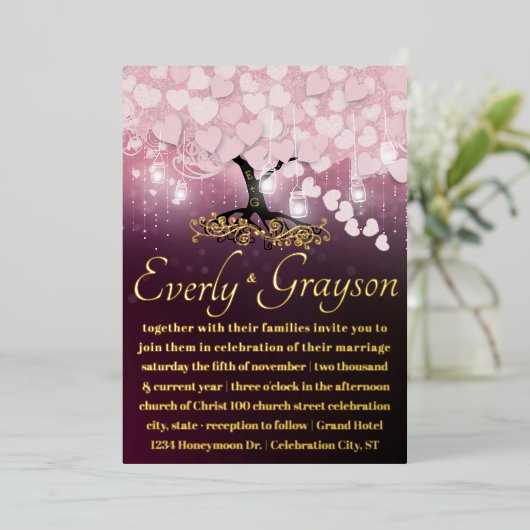 Betoverd Bos Blush Roze Hart Blad Boom Goud Folie Uitnodiging (Staand Voorkant)