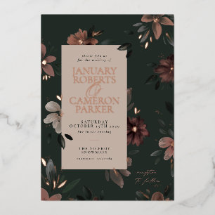 Betoverd Bos Donker Groen Bloemen Bruiloft Folie Uitnodiging
