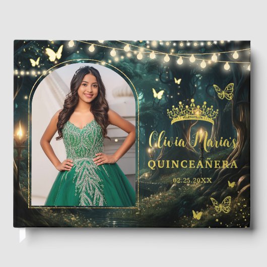 Betoverd bos Emerald Gold Quinceañera foto Gastenboek (Voorkant)
