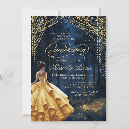 Betoverd bos geel goud Quinceañera Kaart (Voorkant)