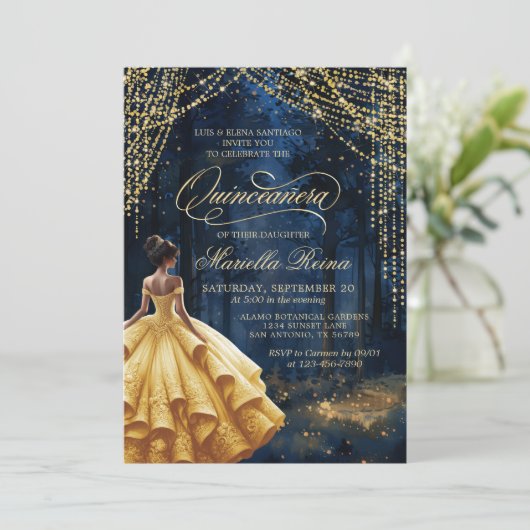 Betoverd bos geel goud Quinceañera Kaart (Staand voorkant)