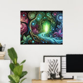 Betoverd bos gloeiend portaal stromende rivier poster (Thuiskantoor)