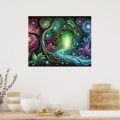 Betoverd bos gloeiend portaal stromende rivier poster (Keuken)