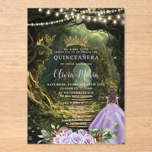 Betoverd bos Lila bloem Quinceañera Sweet 16 Acryl Uitnodigingen (Voorkant)