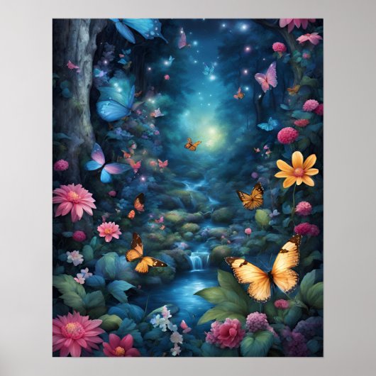 Betoverd Bos Magic BLAUWE vlinders bloemen Poster (Voorkant)