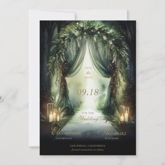 Betoverd bos Moody romantische smaragd bruiloft Save The Date (Voorkant)