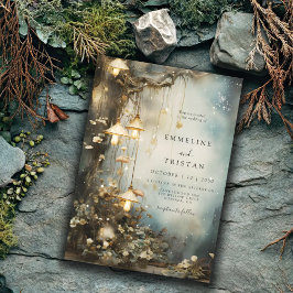 Betoverd bos opknoping gloeiende lantaarns bruilof kaart