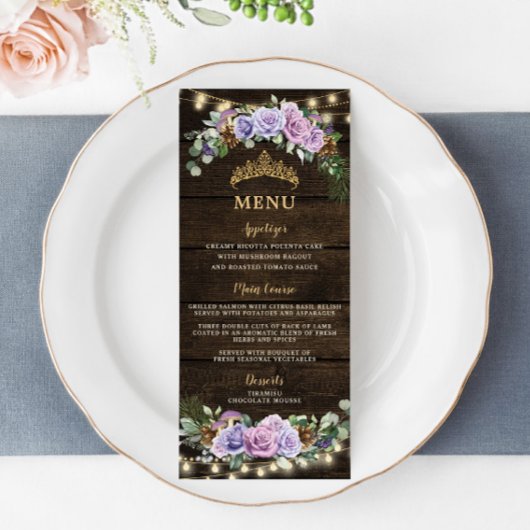 Betoverd Bos Paarse Bloemen Quinceanera Menu