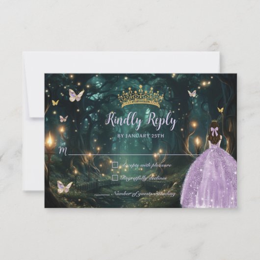 Betoverd bos Paarse Lila jurk Quinceañera RSVP Kaartje (Voorkant)