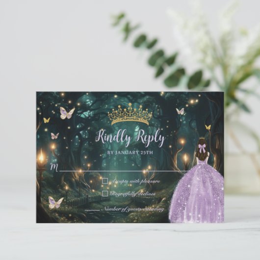 Betoverd bos Paarse Lila jurk Quinceañera RSVP Kaartje (Staand voorkant)