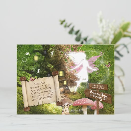 Betoverd bos roze fee uitnodiging (Staand voorkant)