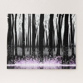 Betoverd bos silhouet met paarse bloemen legpuzzel