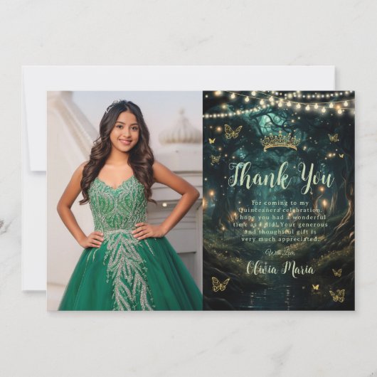 Betoverd bos smaragdgroene Quinceañera foto Bedankkaart (Voorkant)