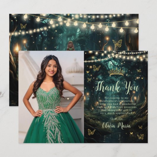 Betoverd bos smaragdgroene Quinceañera foto Bedankkaart (Voorkant / Achterkant)