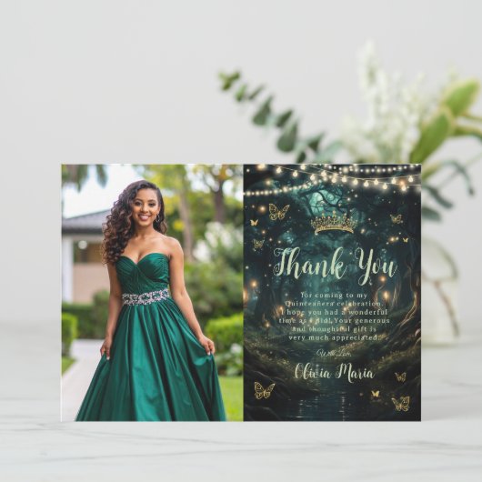 Betoverd bos smaragdgroene Quinceañera foto Bedankkaart (Staand voorkant)