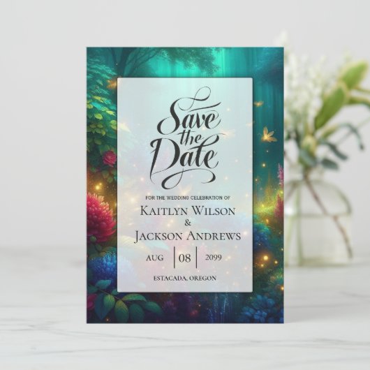 Betoverd bos van stralende juwelen bruiloft save the date (Staand voorkant)