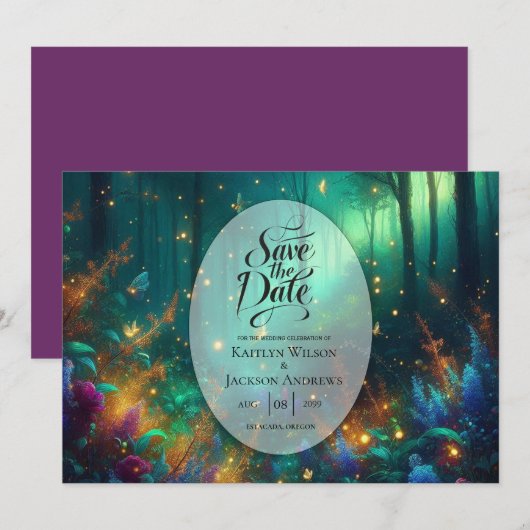 Betoverd bos van stralende juwelen bruiloft save the date (Voorkant / Achterkant)