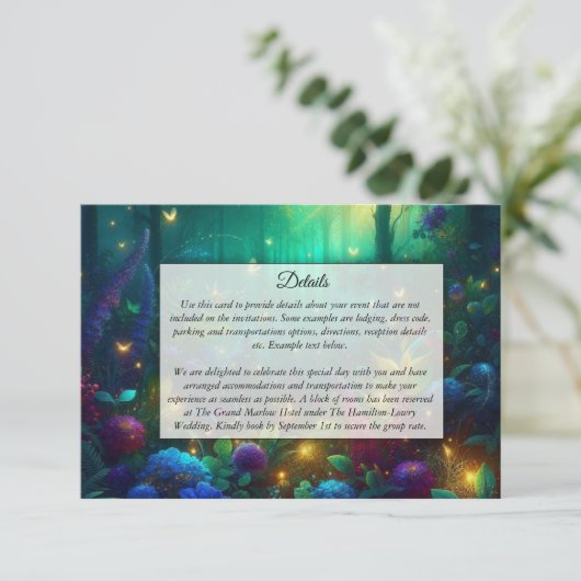 Betoverd bos van stralende juwelen informatiekaartje (Staand voorkant)