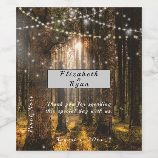 Betoverd bos, zonsondergang bruiloft, slingerlicht wijn etiket (Enkel label)