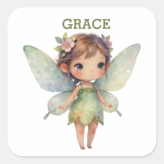 Betoverd bosfee: pastelgroene fee vierkante sticker (Voorkant)