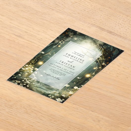 Betoverd bospad van bloemen groene bruiloft acryl uitnodigingen (Laagn)