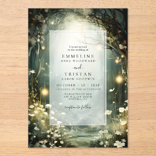 Betoverd bospad van bloemen groene bruiloft acryl uitnodigingen (Voorkant)