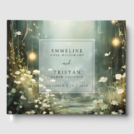 Betoverd bospad van bloemen groene bruiloft gastenboek (Voorkant)